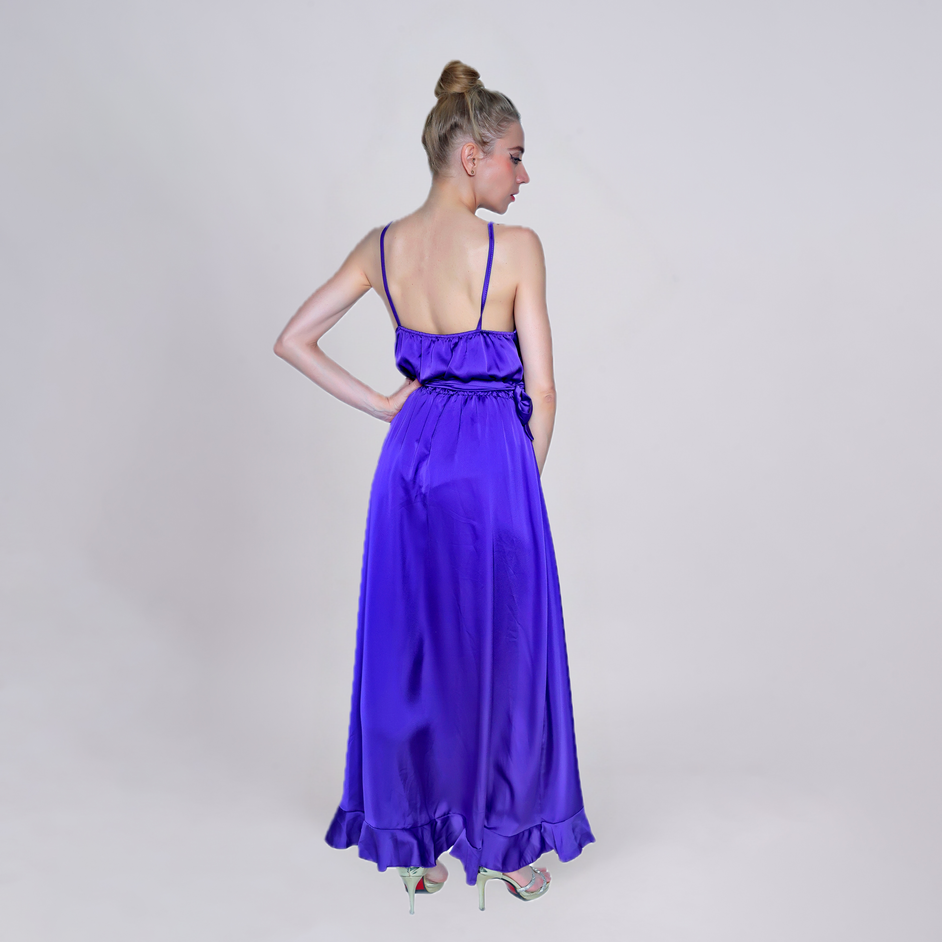 Satin Wrap Ruffled Maxi Dress