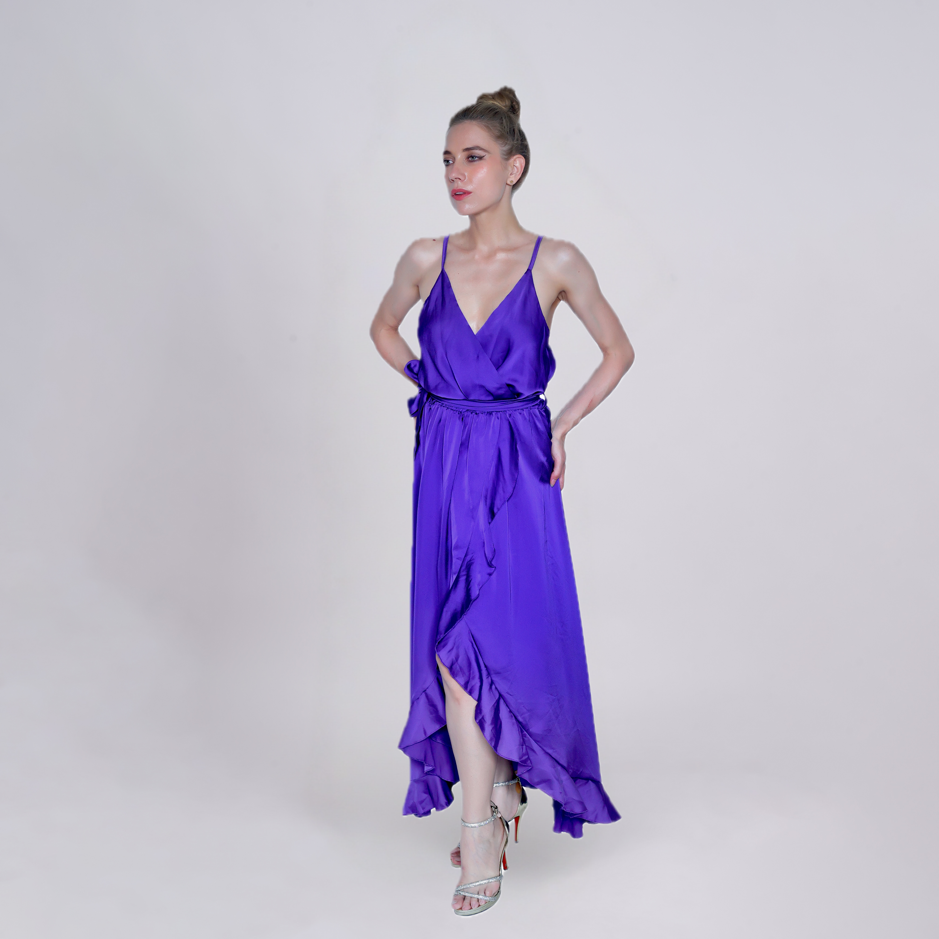 Satin Wrap Ruffled Maxi Dress