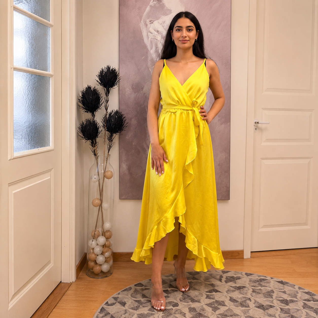 Satin Wrap Ruffled Maxi Dress