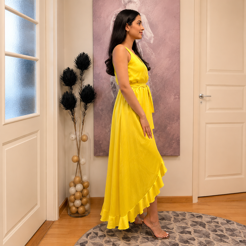 Satin Wrap Ruffled Maxi Dress