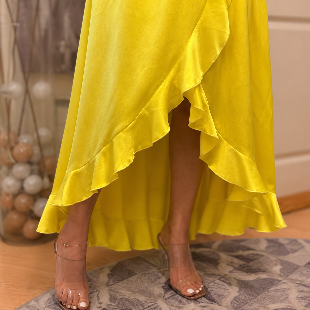 Satin Wrap Ruffled Maxi Dress