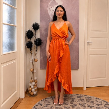 Satin Wrap Ruffled Maxi Dress
