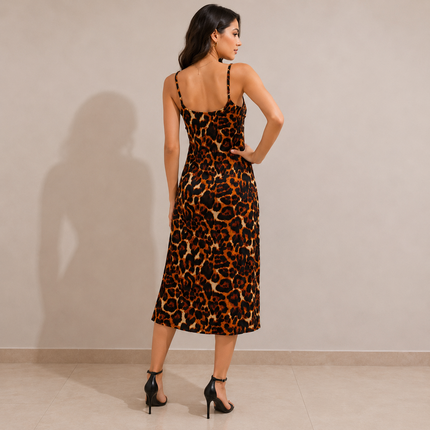 Savannah Ruffle Slip Leopard Print Midi Dress
