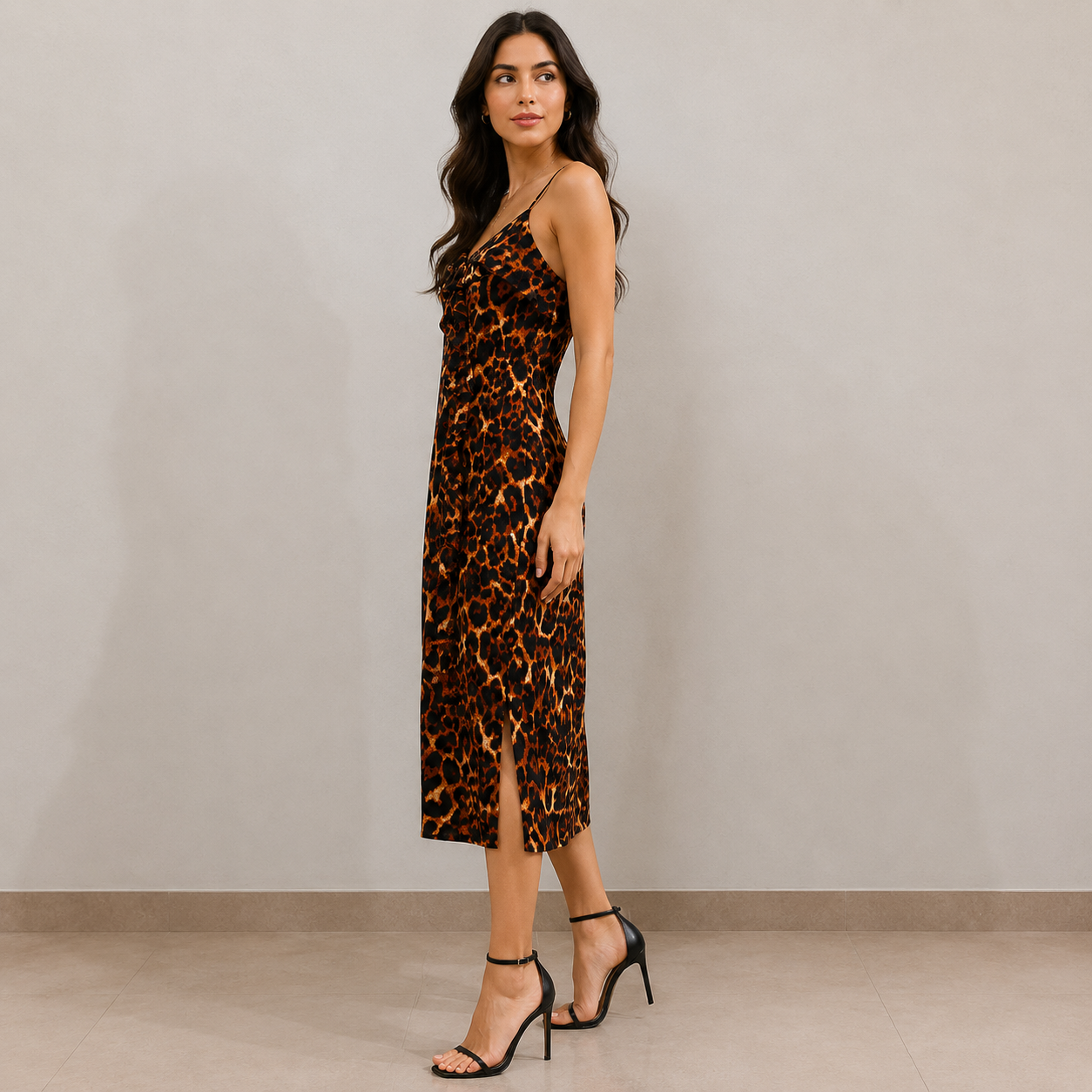 Savannah Ruffle Slip Leopard Print Midi Dress