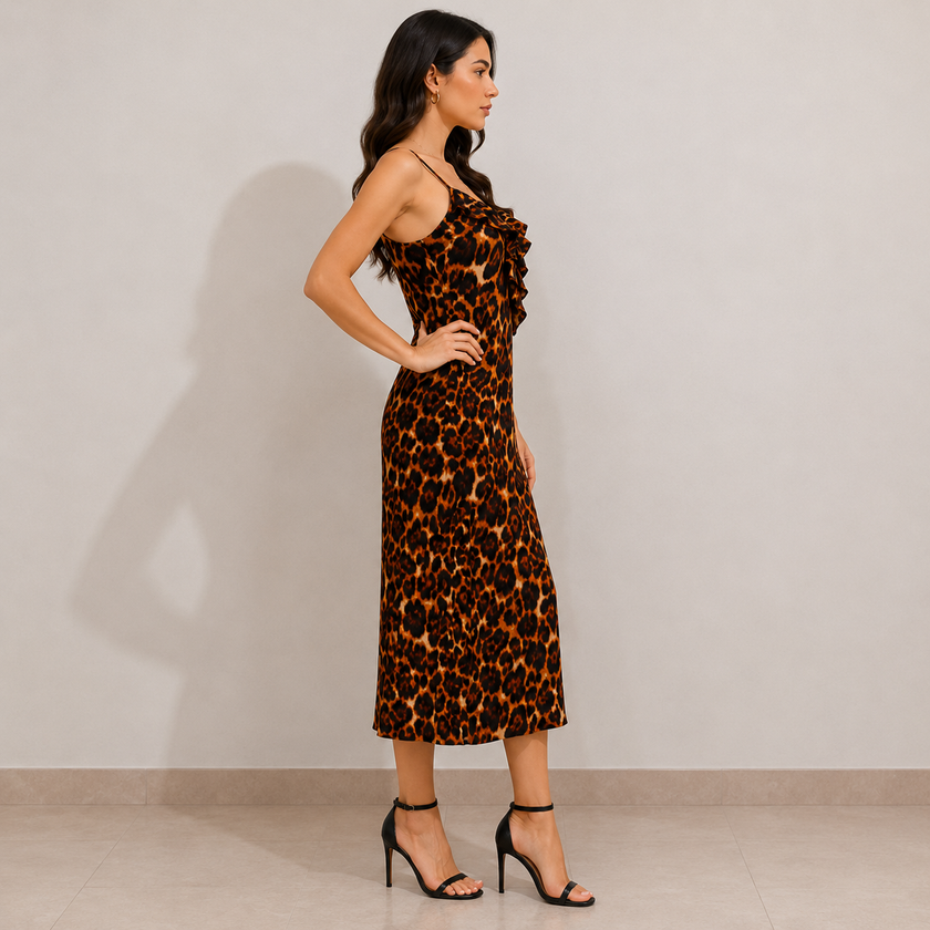 Savannah Ruffle Slip Leopard Print Midi Dress