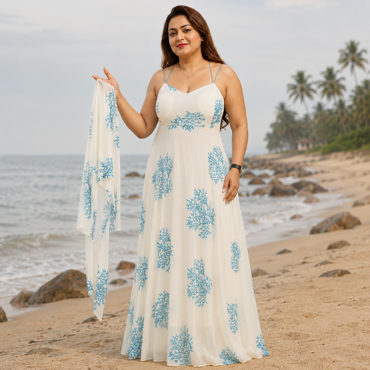 Seaside Coral Print Maxi Set with Tie-Front Shrug