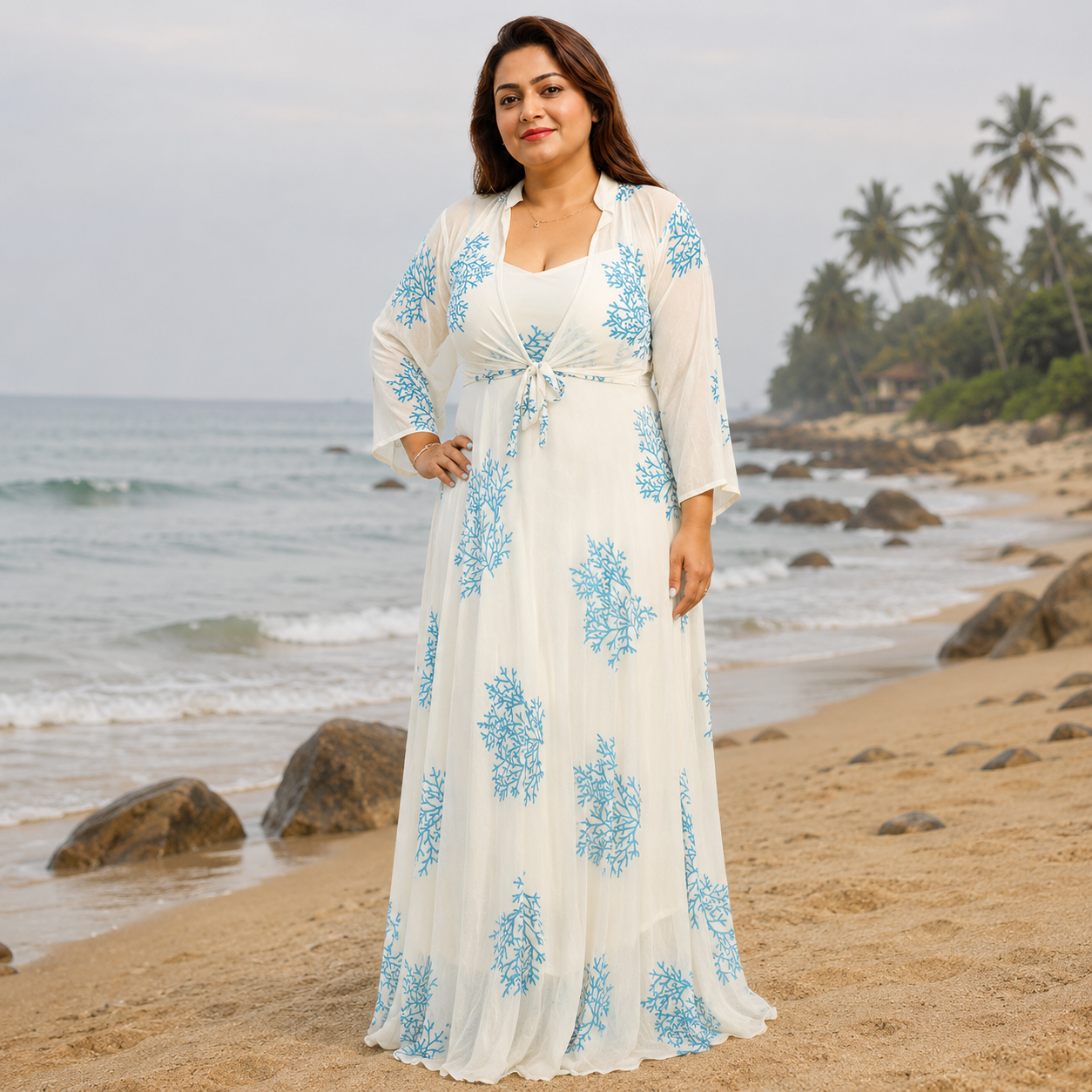Seaside Coral Print Maxi Set with Tie-Front Shrug