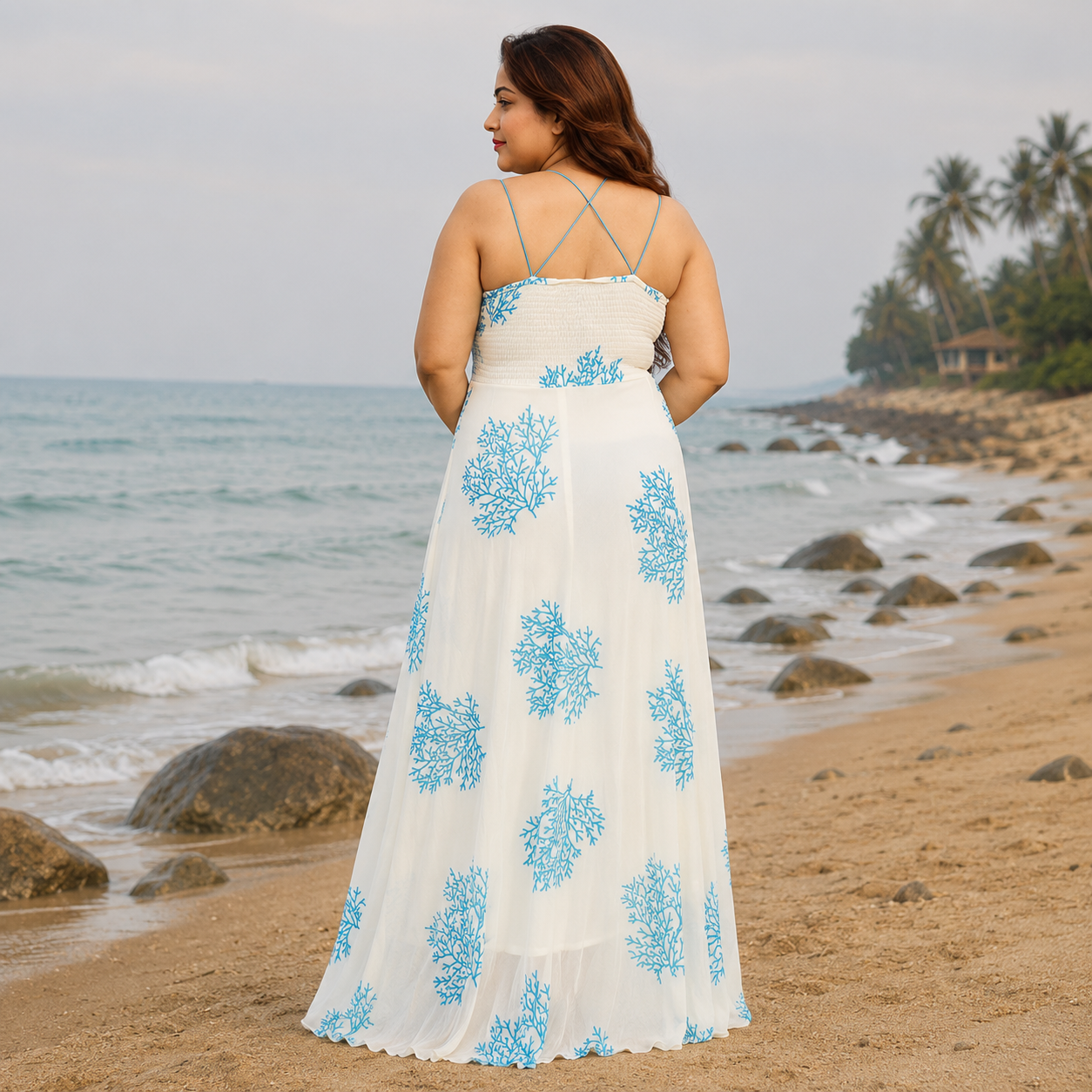 Seaside Coral Print Maxi Set with Tie-Front Shrug
