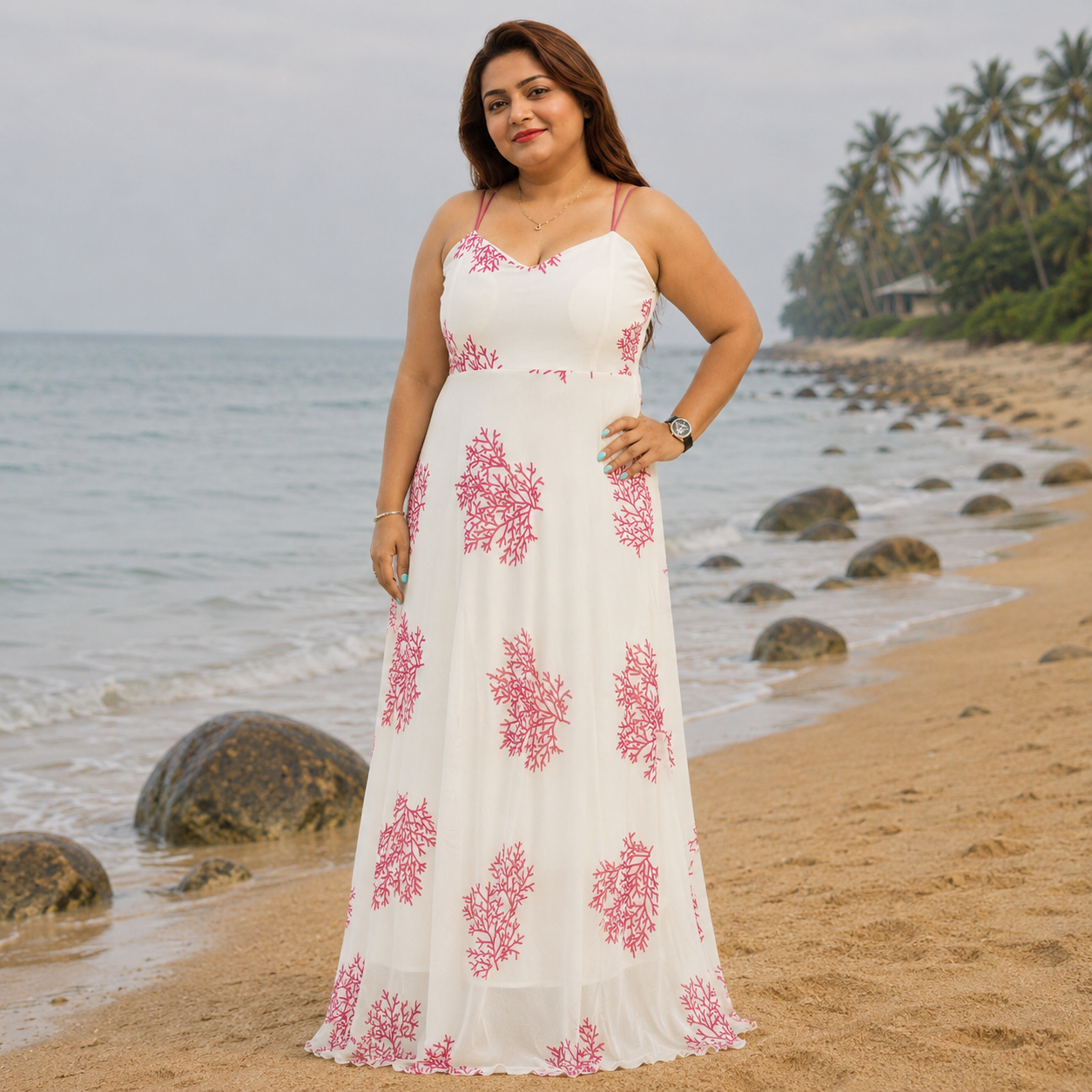Seaside Coral Print Maxi Set with Tie-Front Shrug