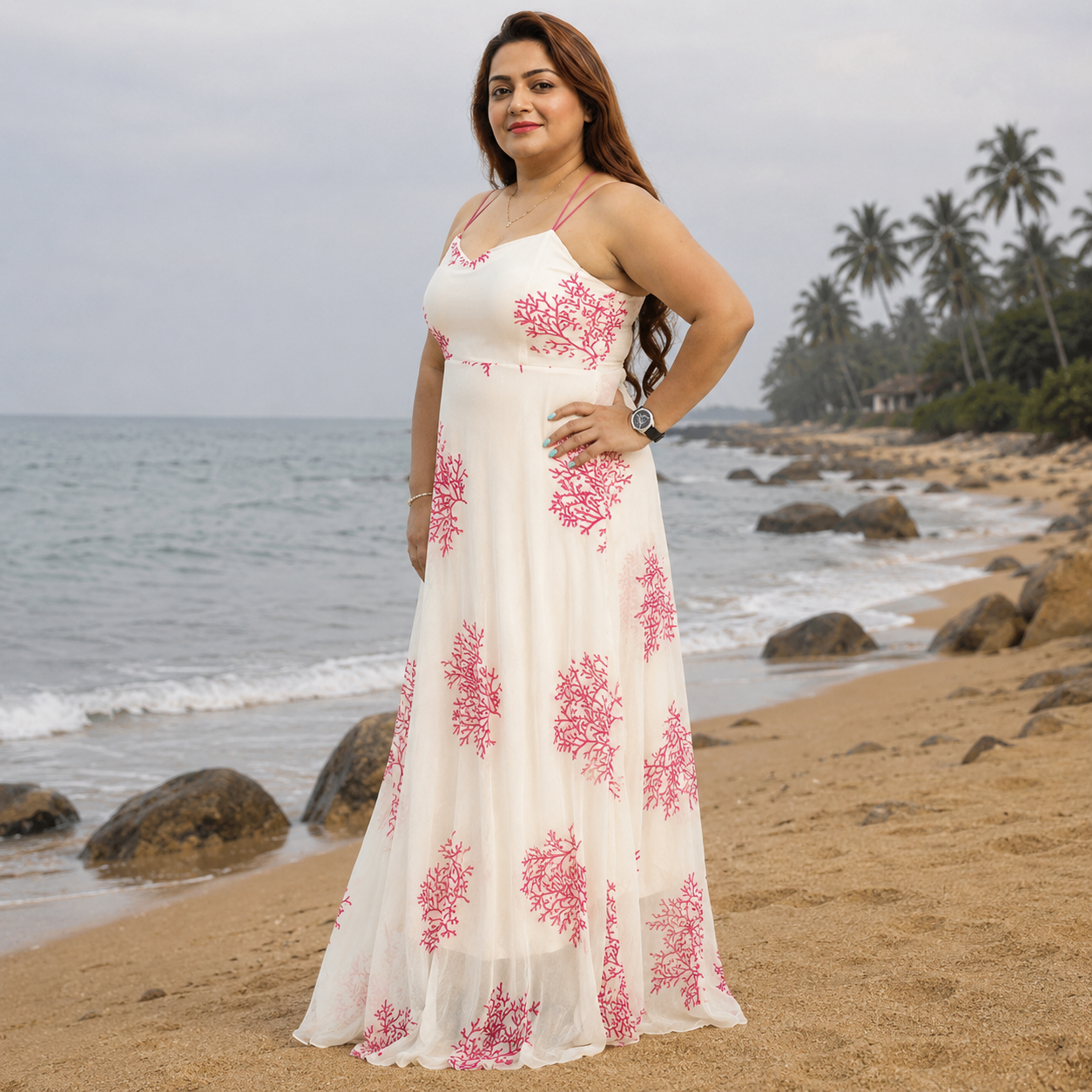 Seaside Coral Print Maxi Set with Tie-Front Shrug