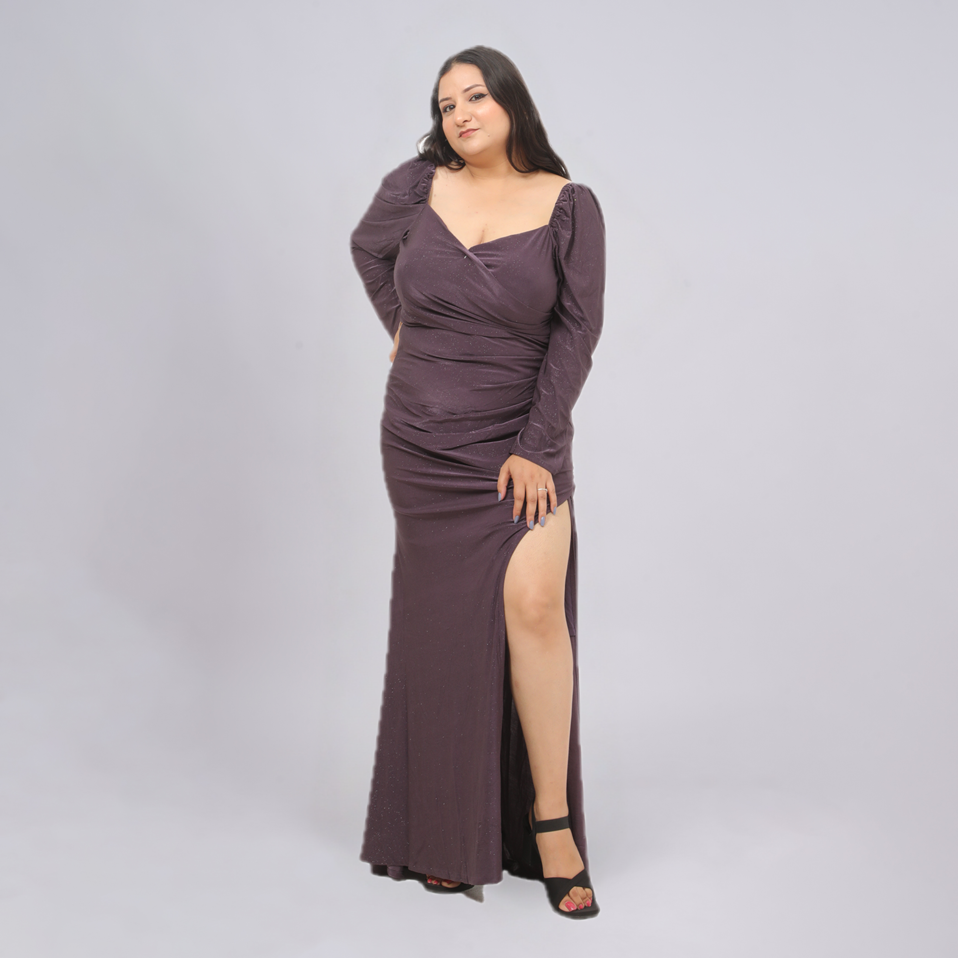 Shimmering Sweetheart Ruched Gown with Thigh-High Slit