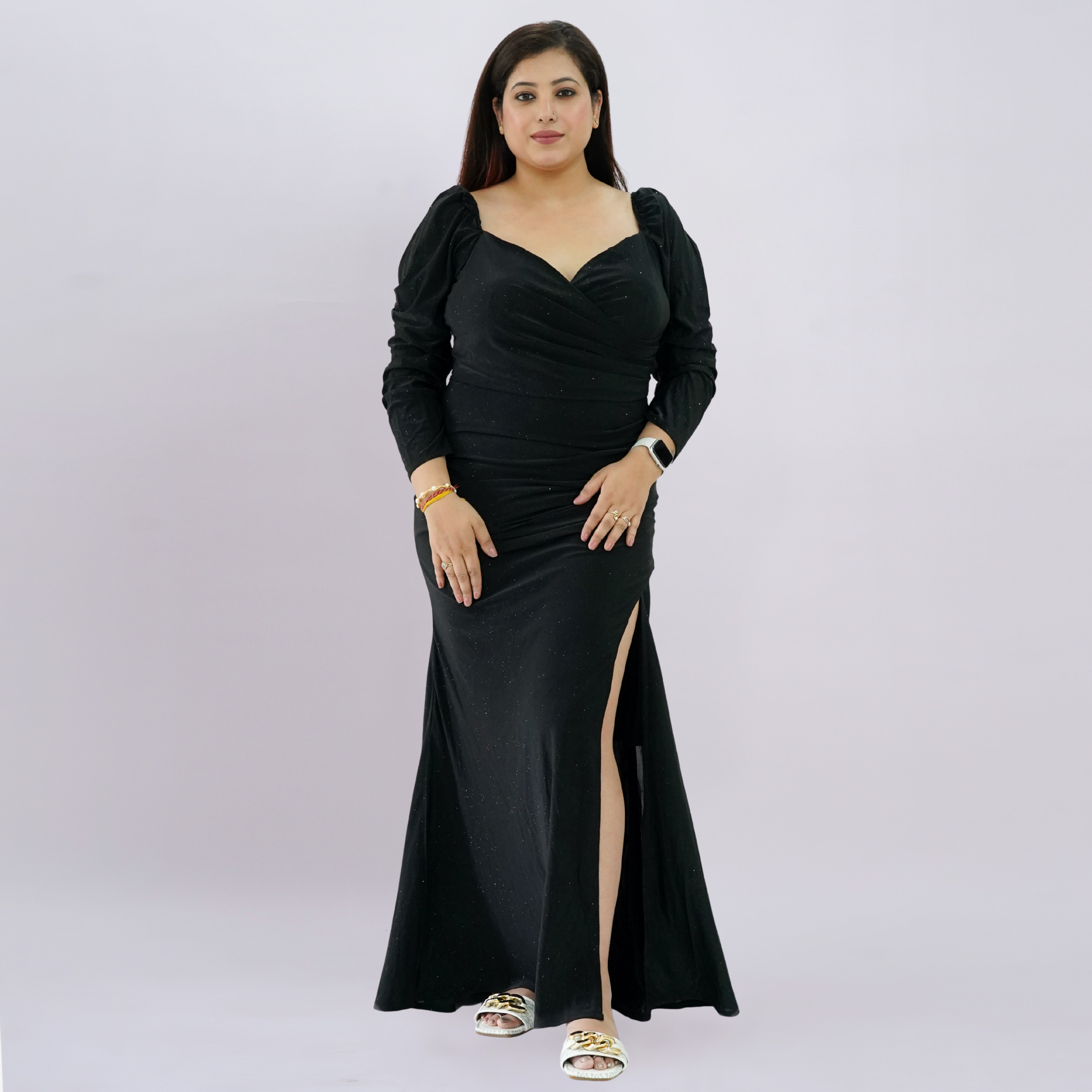 Shimmering Sweetheart Ruched Gown with Thigh-High Slit