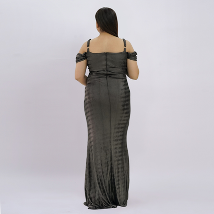 Sleek Off-Shoulder Liquid Metallic Gown with High-Thigh Slit
