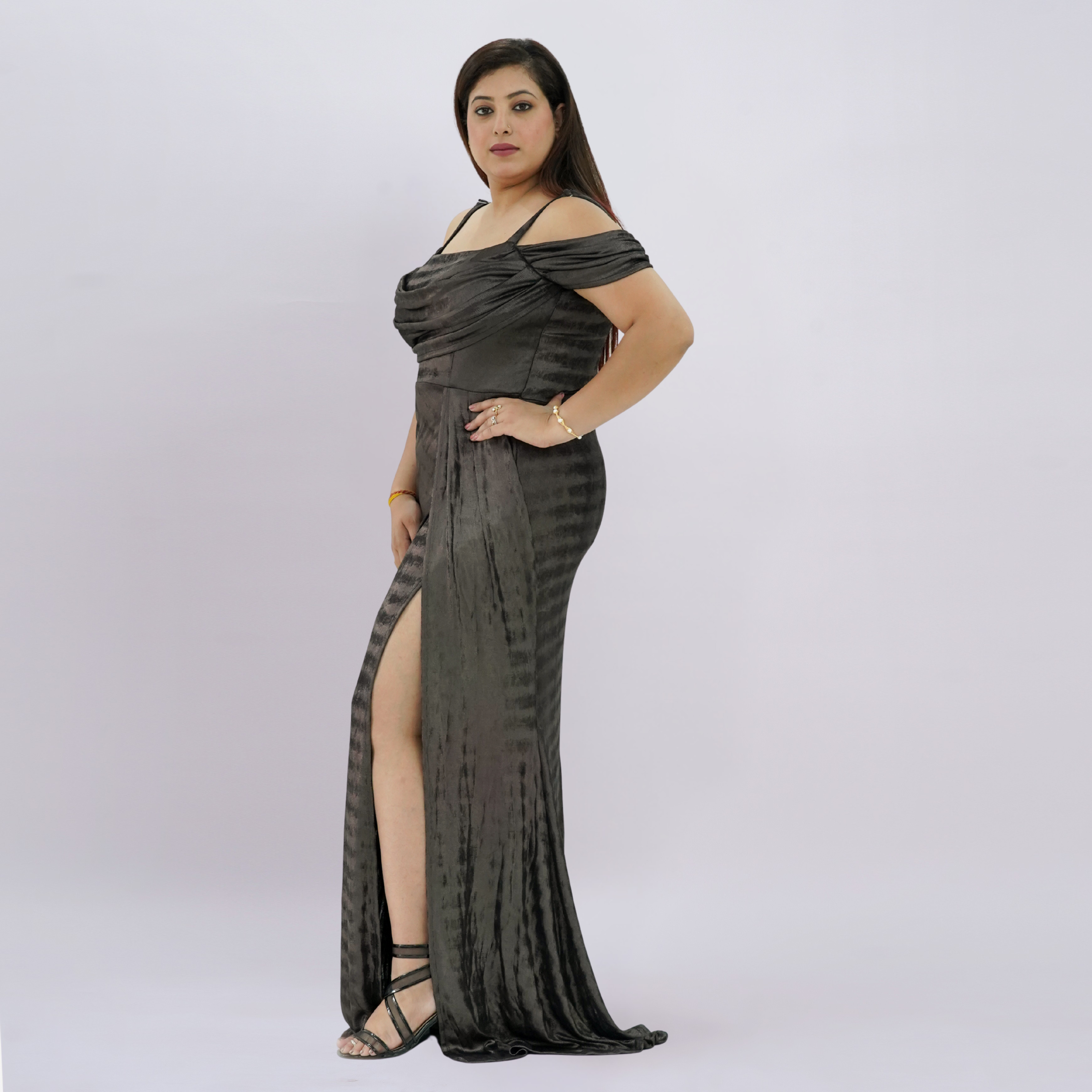 Sleek Off-Shoulder Liquid Metallic Gown with High-Thigh Slit