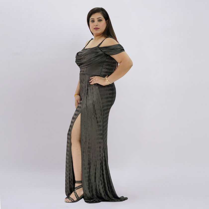 Sleek Off-Shoulder Liquid Metallic Gown with High-Thigh Slit