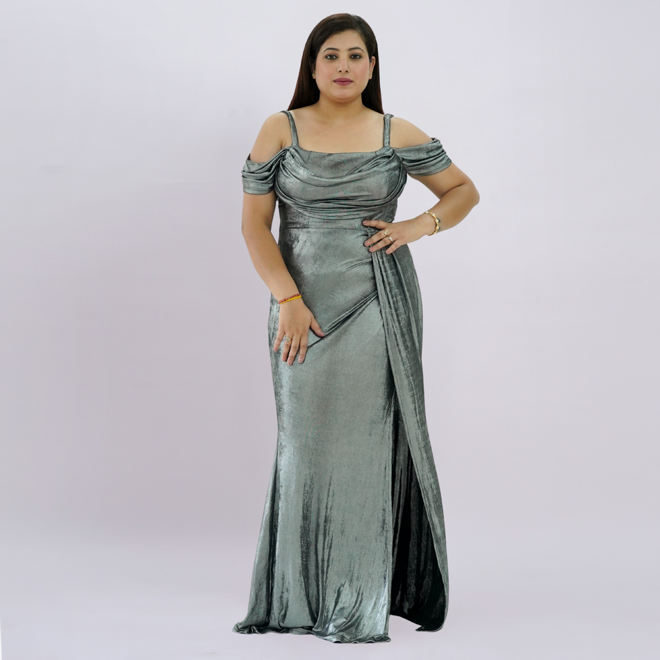 Sleek Off-Shoulder Liquid Metallic Gown with High-Thigh Slit