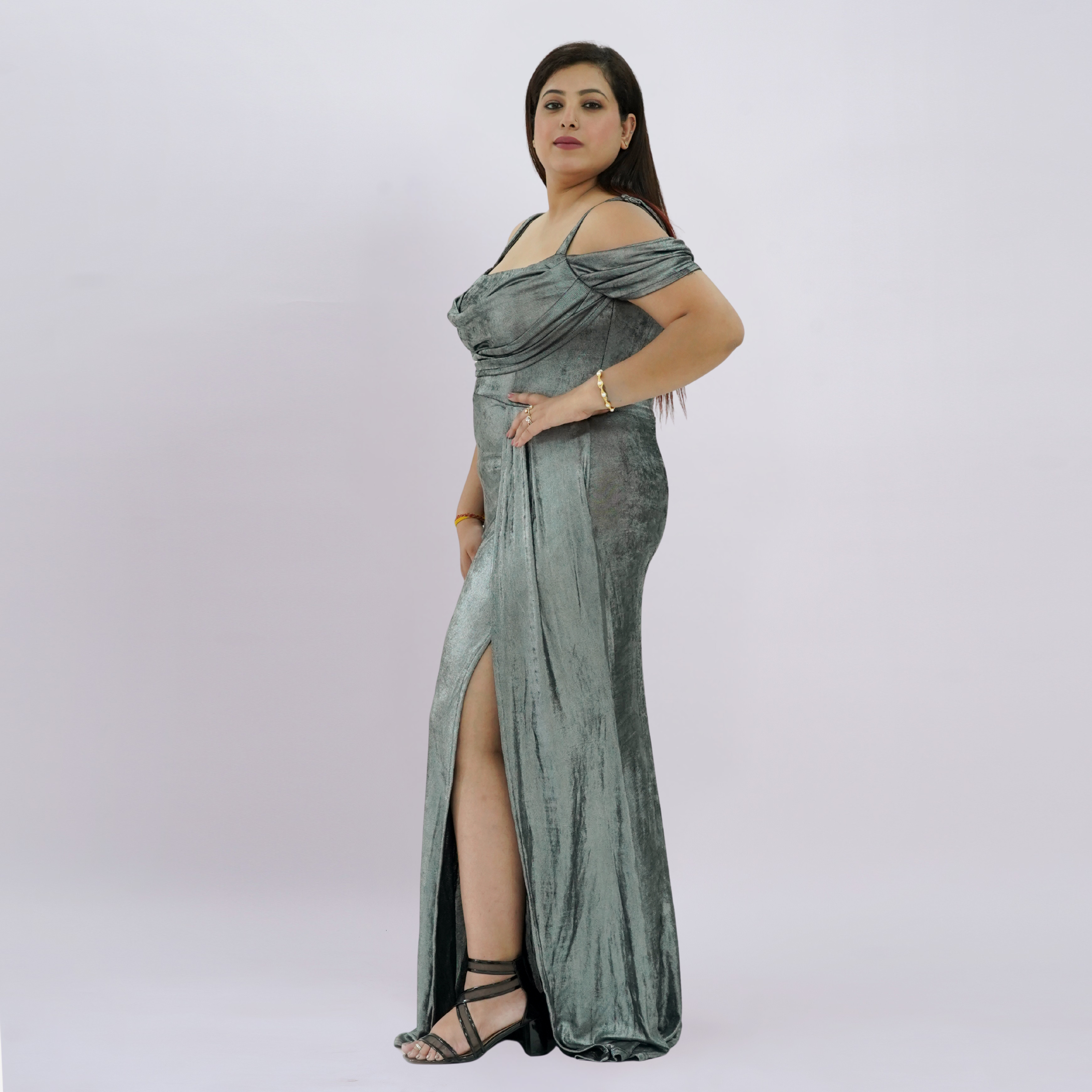 Sleek Off-Shoulder Liquid Metallic Gown with High-Thigh Slit