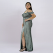 Sleek Off-Shoulder Liquid Metallic Gown with High-Thigh Slit
