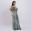 Sleek Off-Shoulder Liquid Metallic Gown with High-Thigh Slit