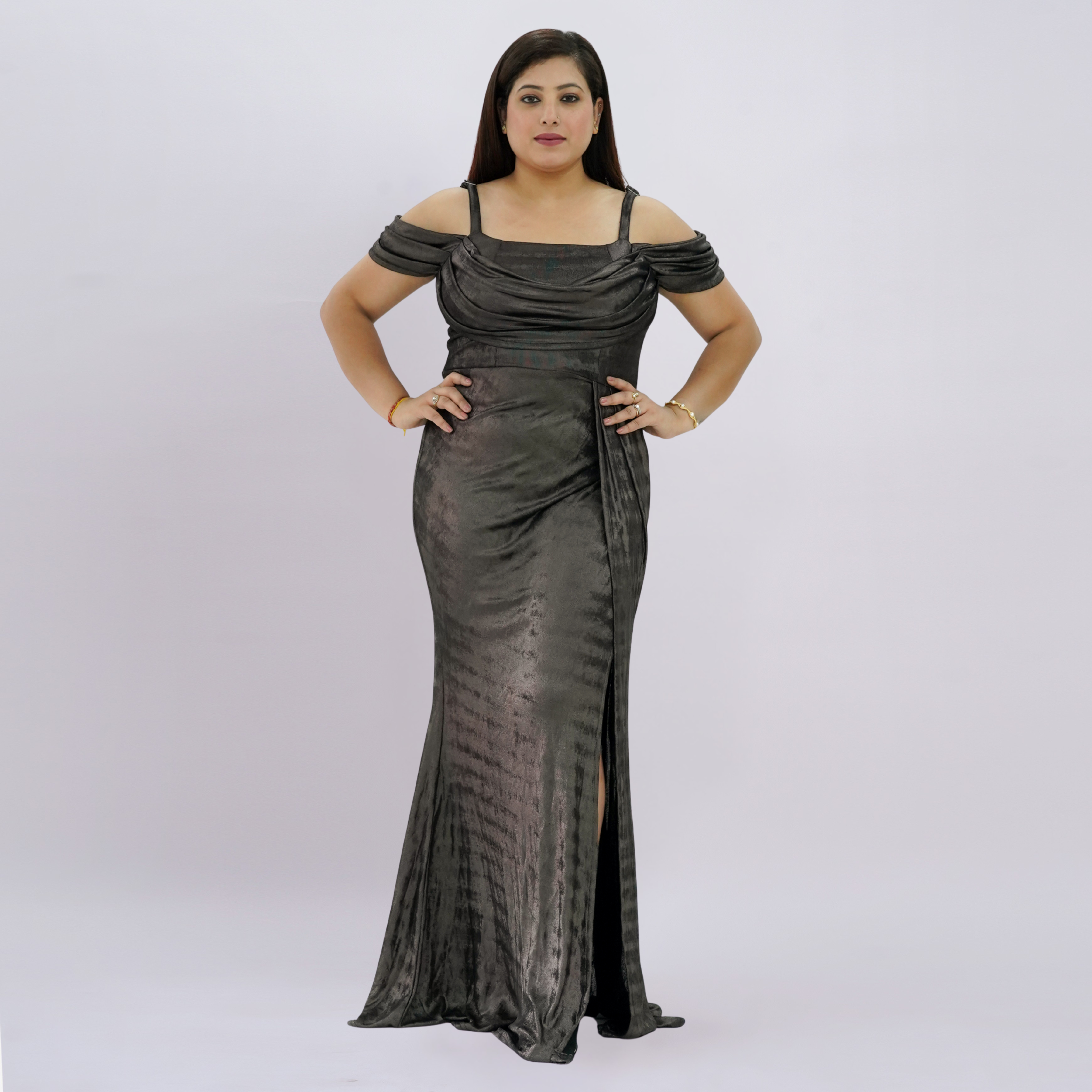 Sleek Off-Shoulder Liquid Metallic Gown with High-Thigh Slit