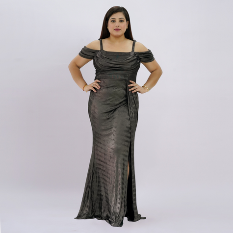 Sleek Off-Shoulder Liquid Metallic Gown with High-Thigh Slit