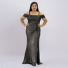 Sleek Off-Shoulder Liquid Metallic Gown with High-Thigh Slit
