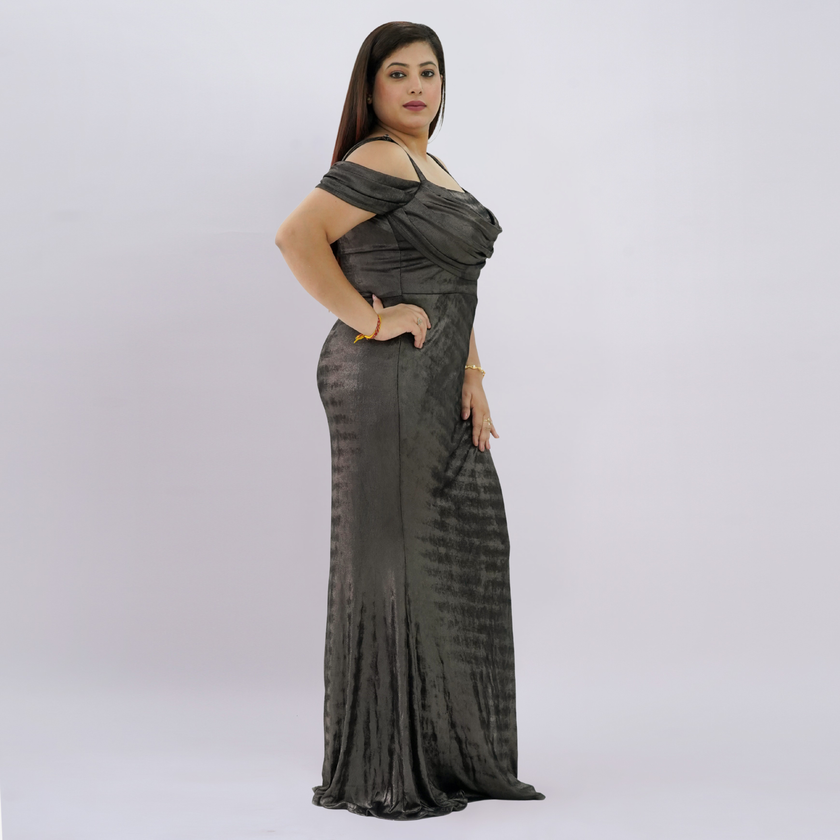 Sleek Off-Shoulder Liquid Metallic Gown with High-Thigh Slit