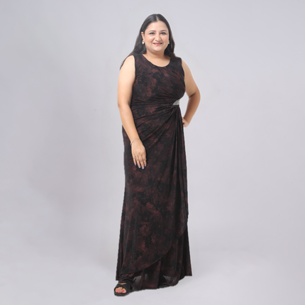 Sleeveless Floral Gown with Crystal Side Brooch