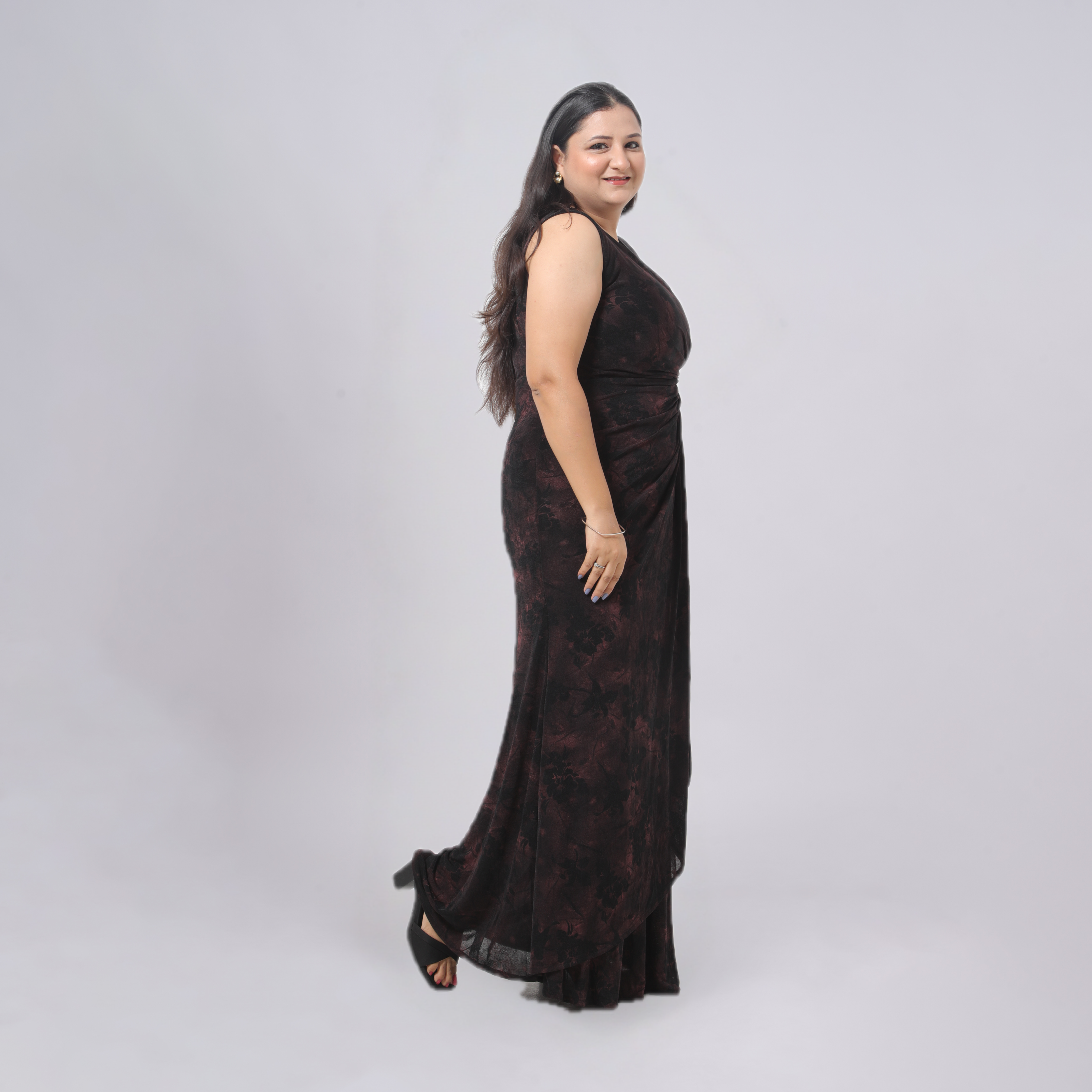 Sleeveless Floral Gown with Crystal Side Brooch
