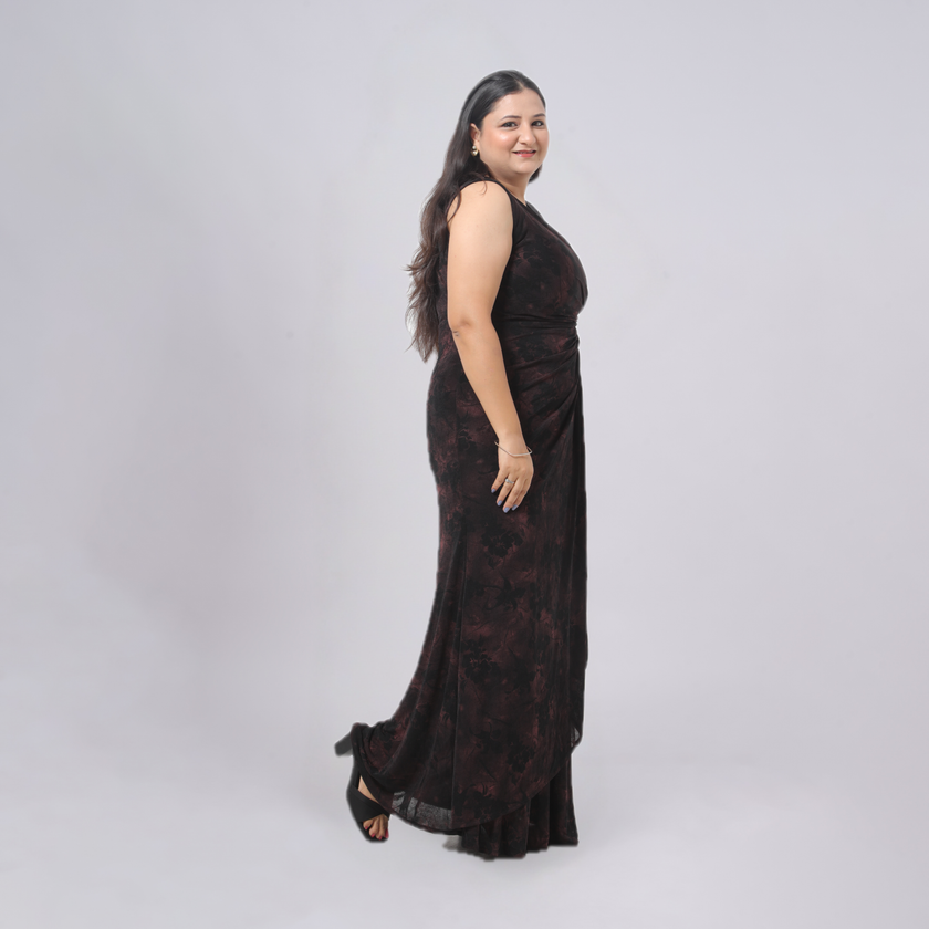 Sleeveless Floral Gown with Crystal Side Brooch