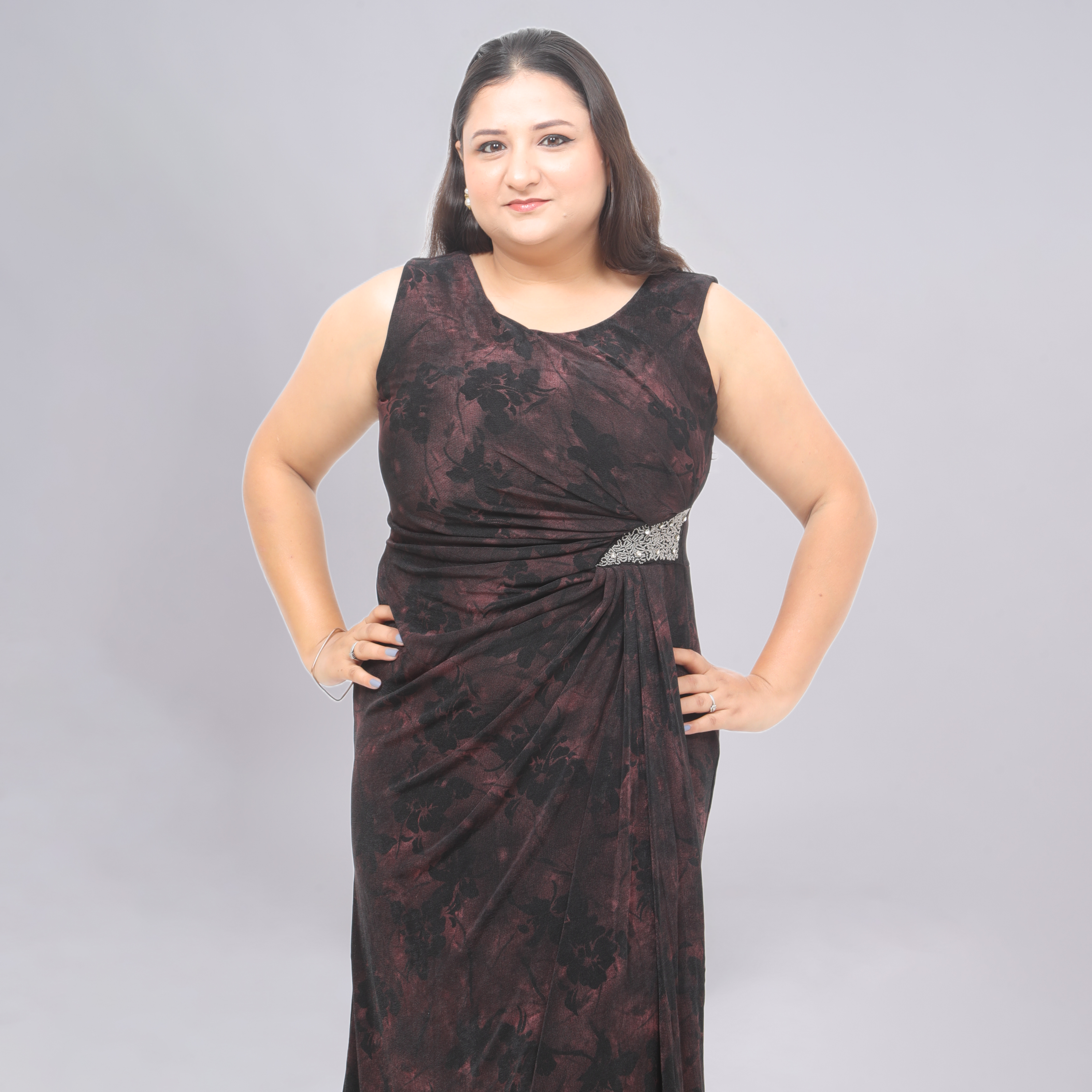 Sleeveless Floral Gown with Crystal Side Brooch