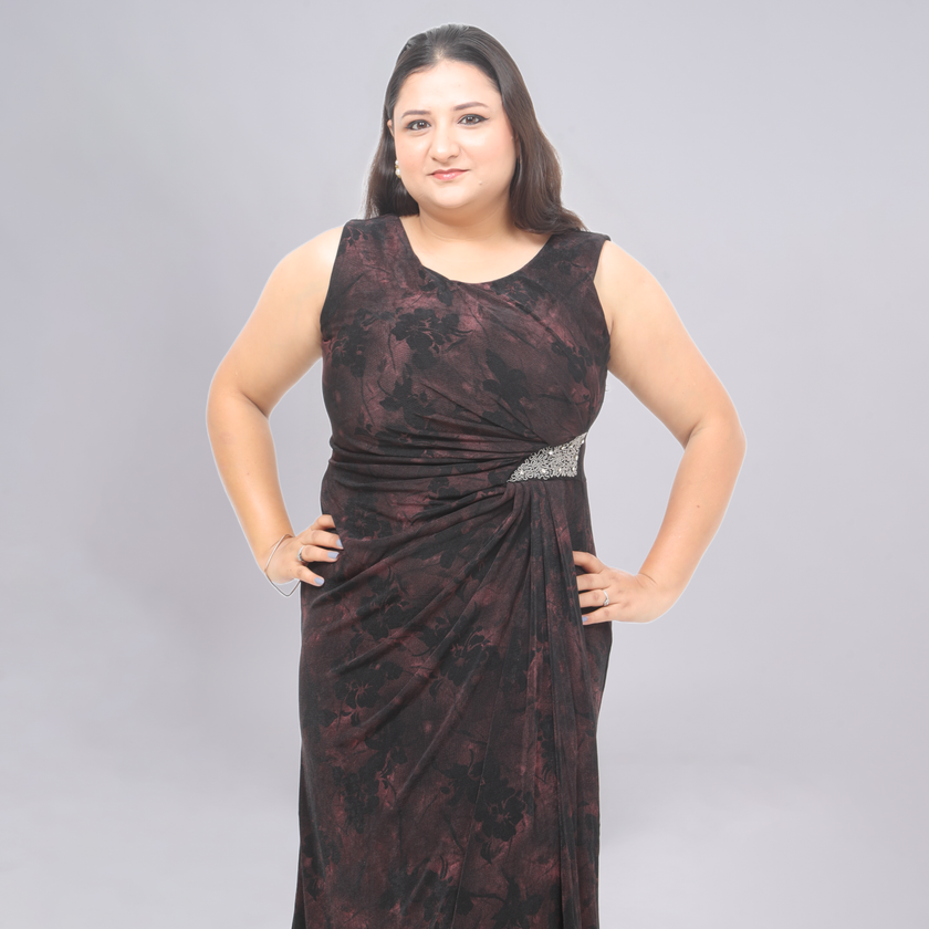 Sleeveless Floral Gown with Crystal Side Brooch