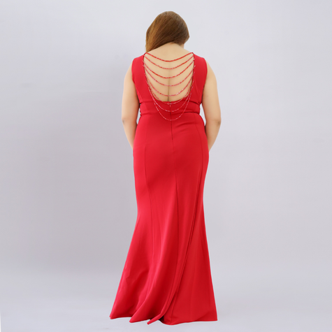 Sleeveless V-Neck Sequin Gown with Beaded Back Drape