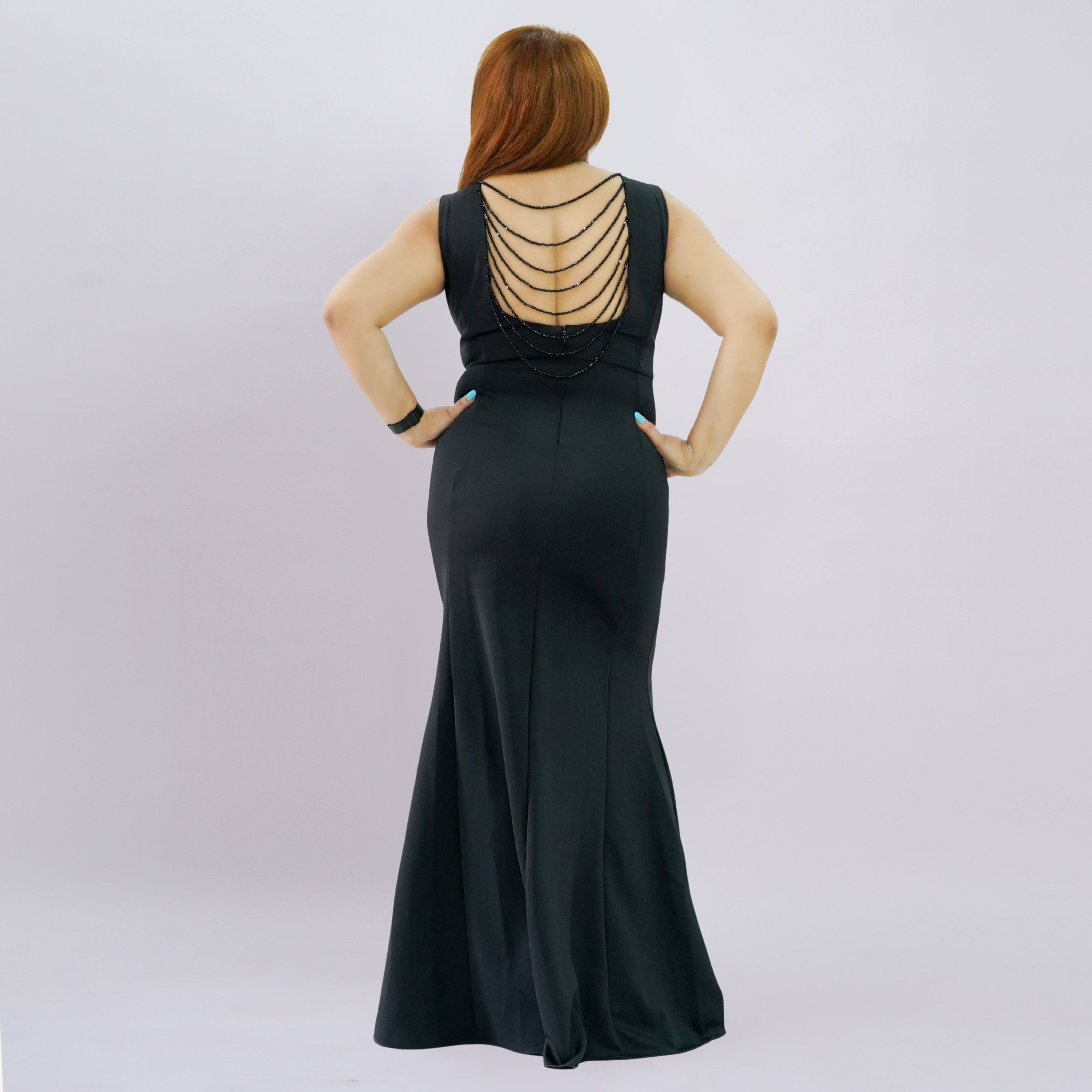 Sleeveless V-Neck Sequin Gown with Beaded Back Drape