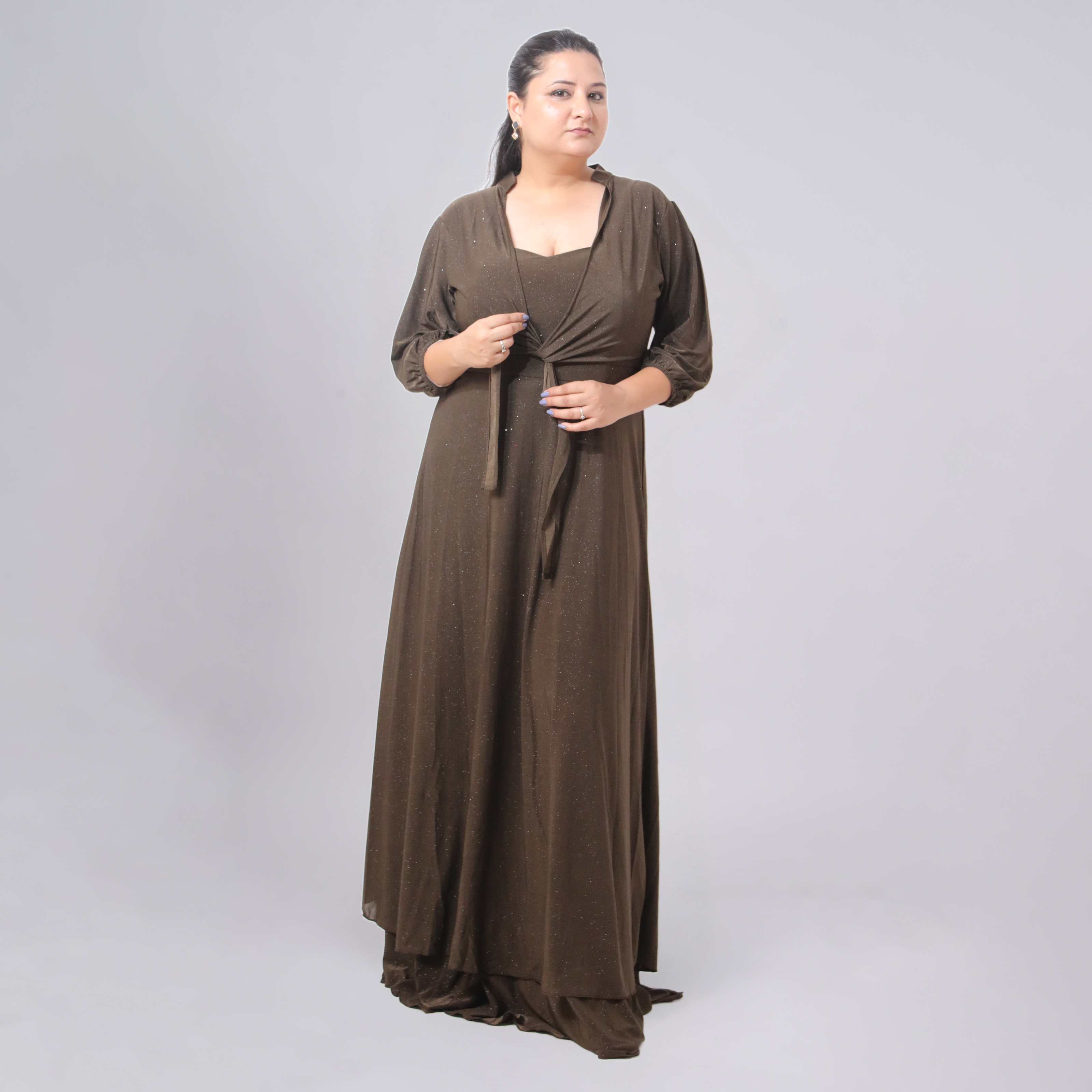 Tie-Front Shimmer Maxi Gown with Spaghetti Strap Bodice