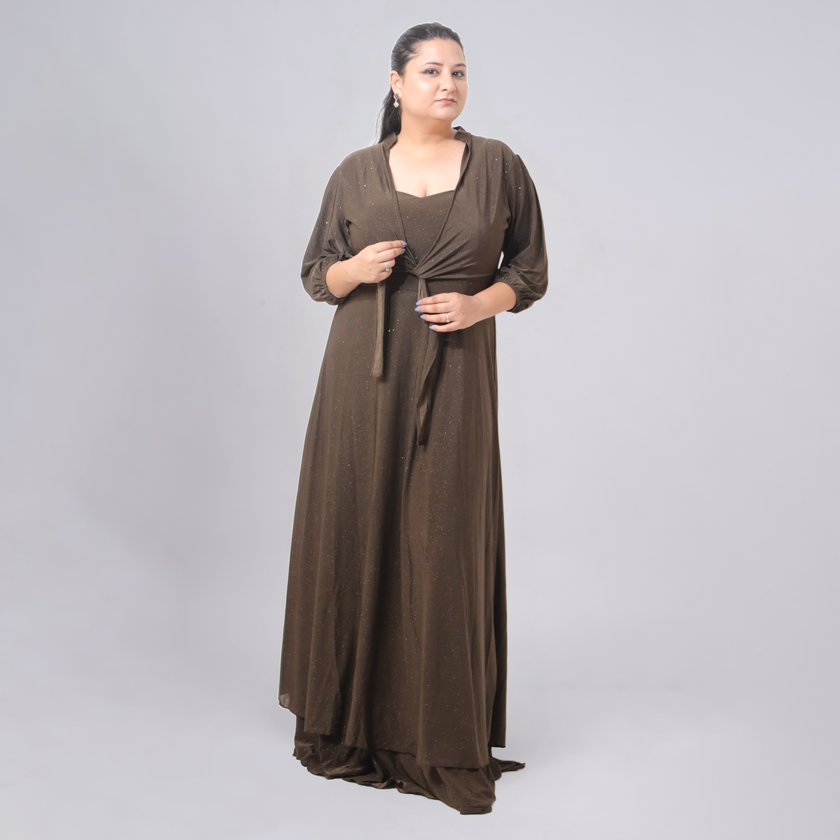 Tie-Front Shimmer Maxi Gown with Spaghetti Strap Bodice