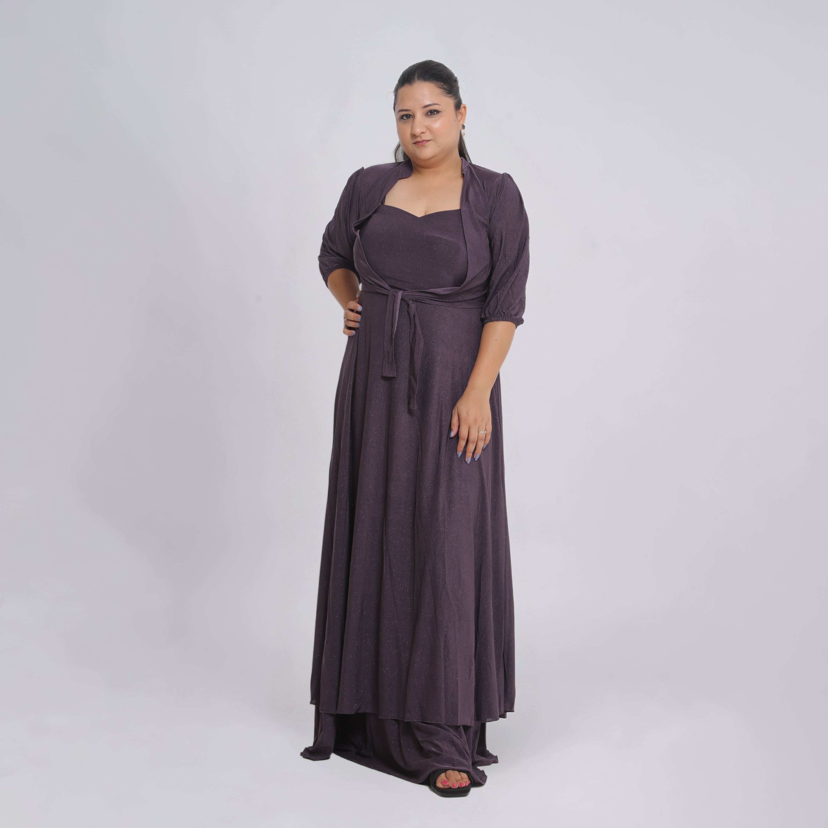 Tie-Front Shimmer Maxi Gown with Spaghetti Strap Bodice