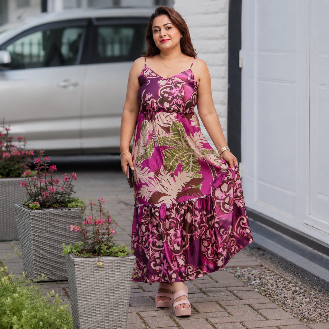 Tropical Print Ruffled Tiered Maxi Dress