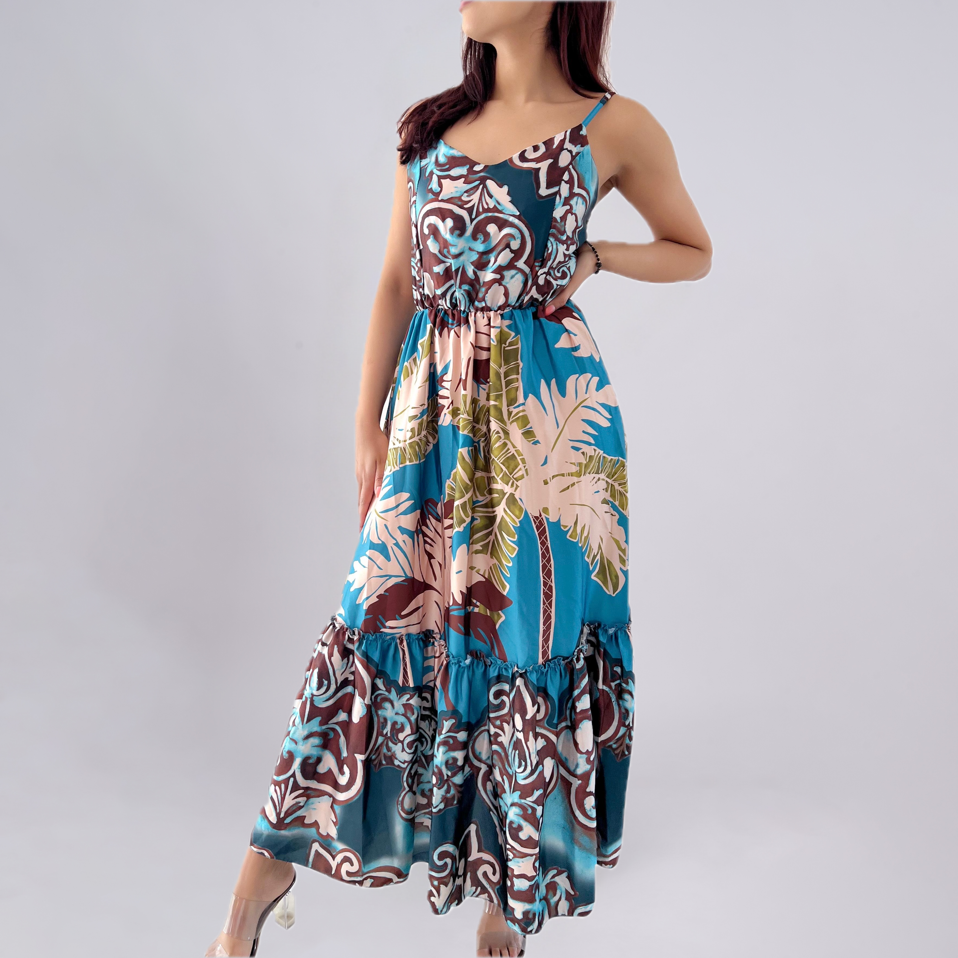 Tropical Print Ruffled Tiered Maxi Dress