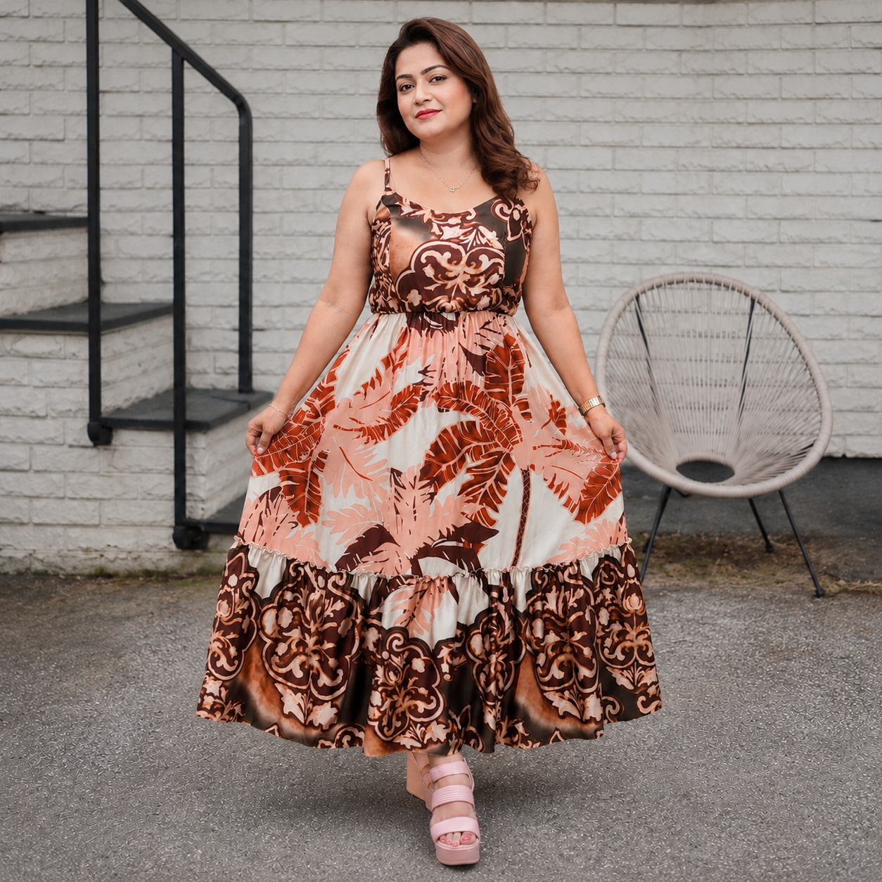 Tropical Print Ruffled Tiered Maxi Dress