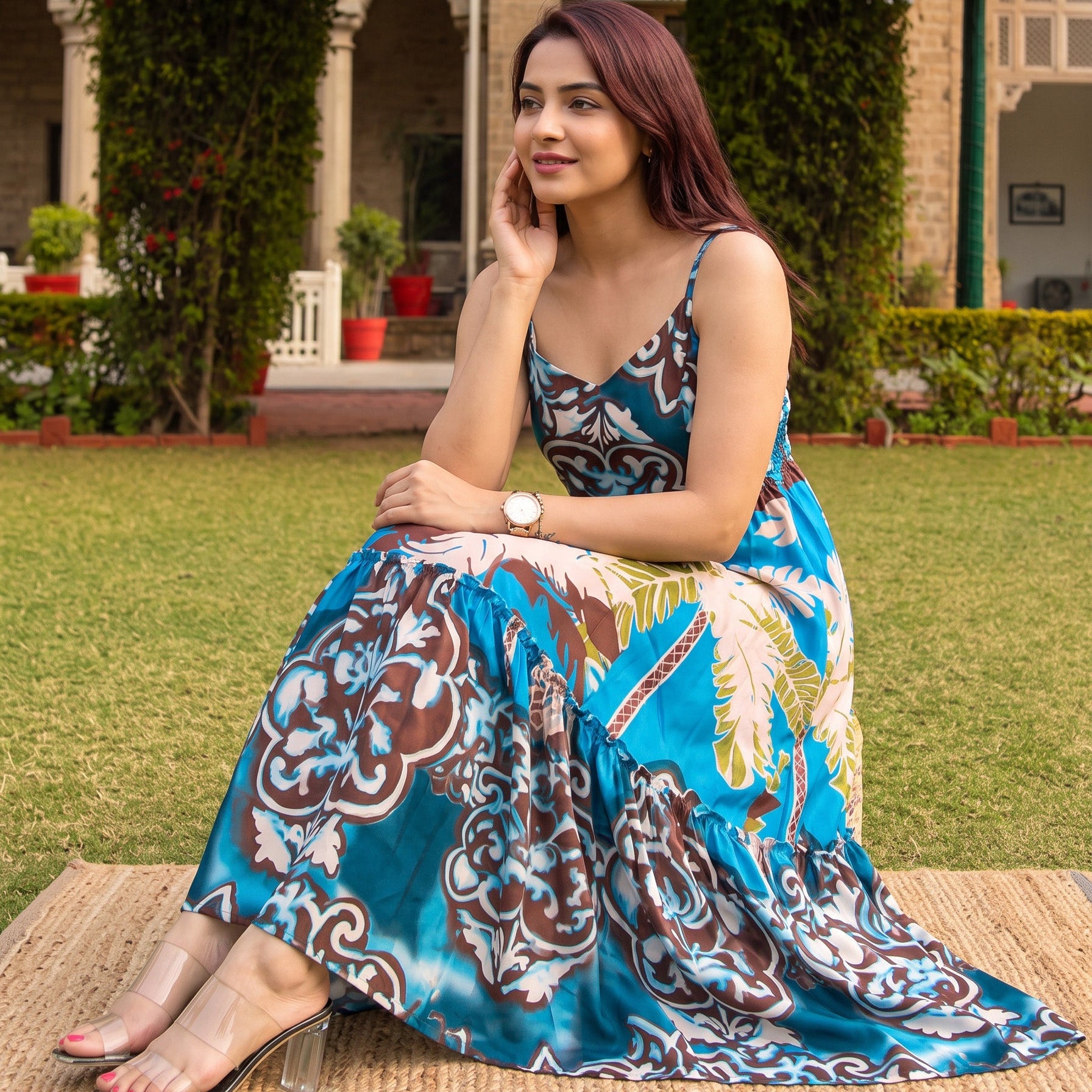 Tropical Print Ruffled Tiered Maxi Dress