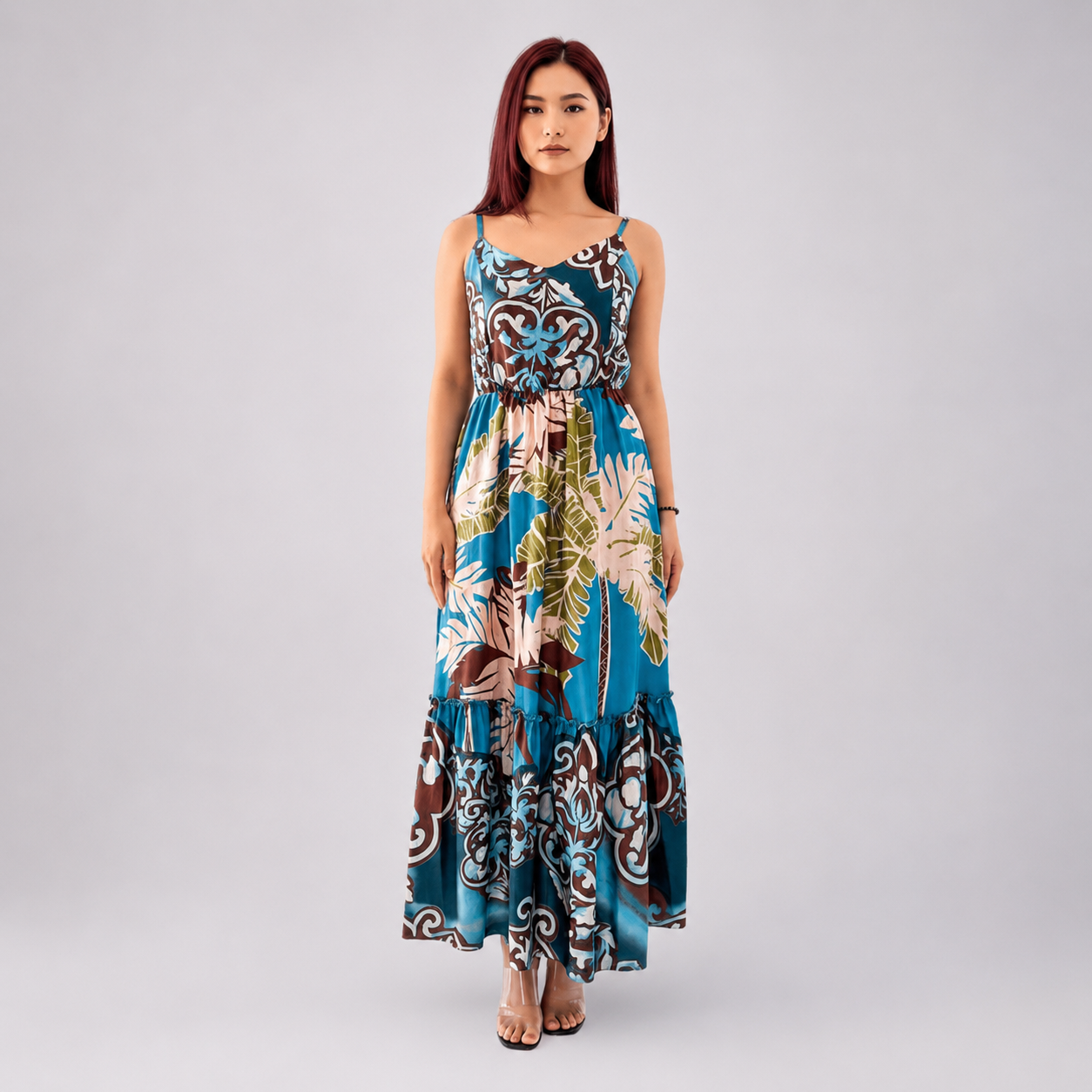Tropical Print Ruffled Tiered Maxi Dress