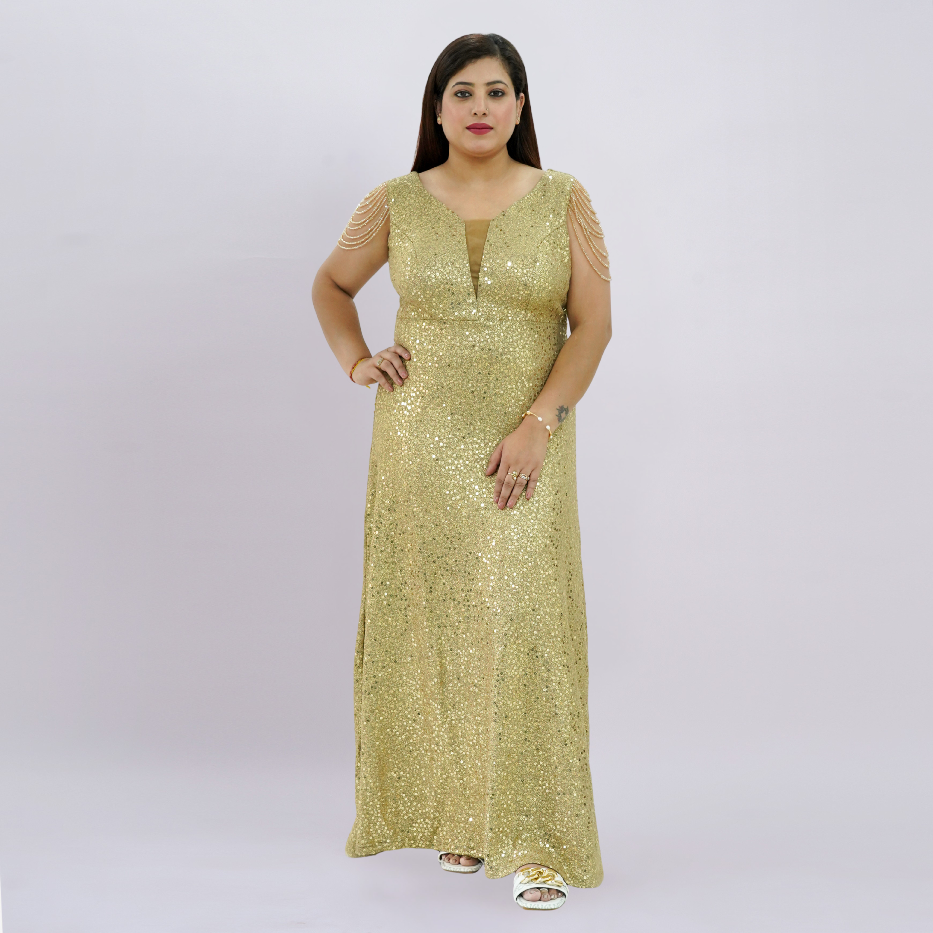 V-Neck All-Over Sequin Gown with Beaded Drape Sleeves