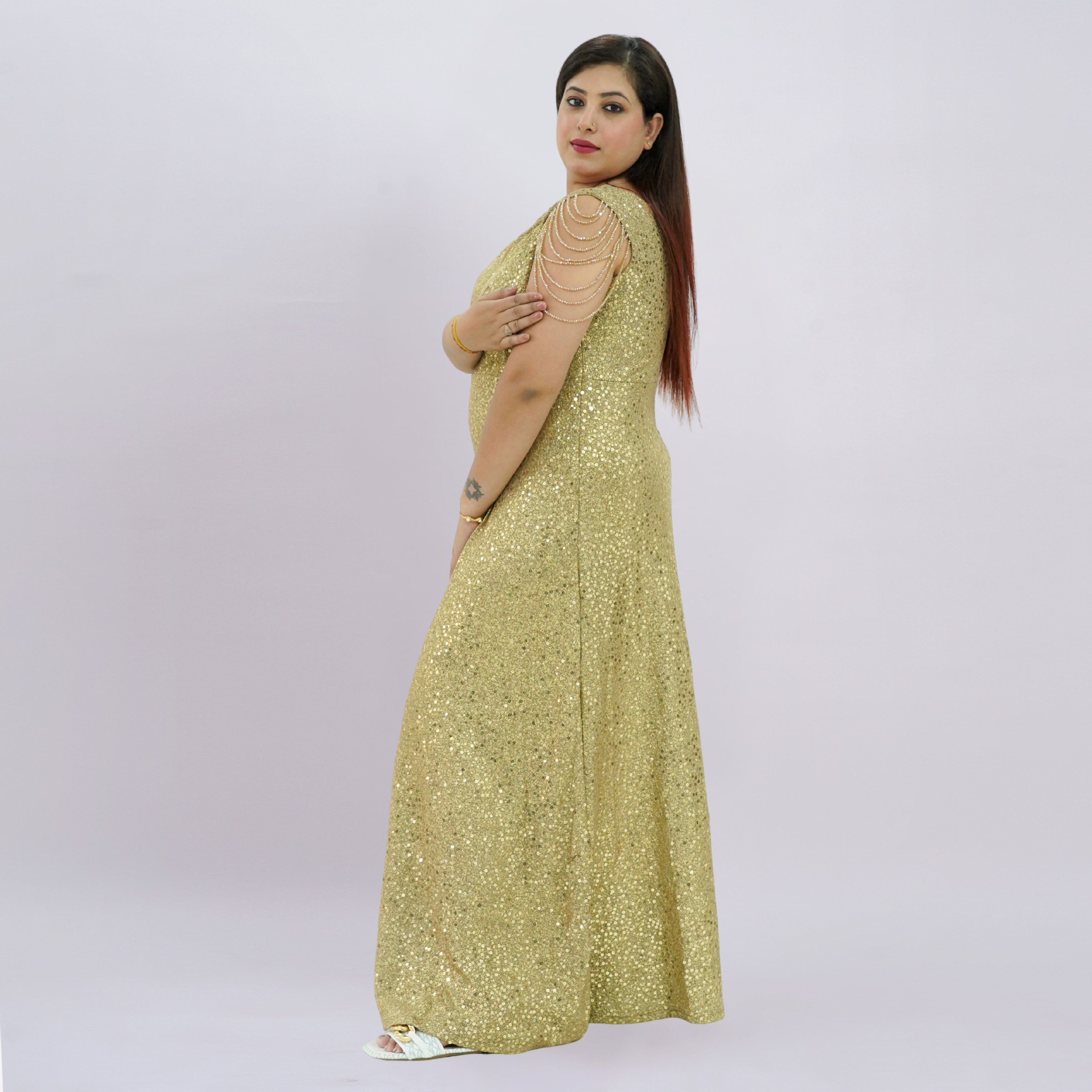 V-Neck All-Over Sequin Gown with Beaded Drape Sleeves