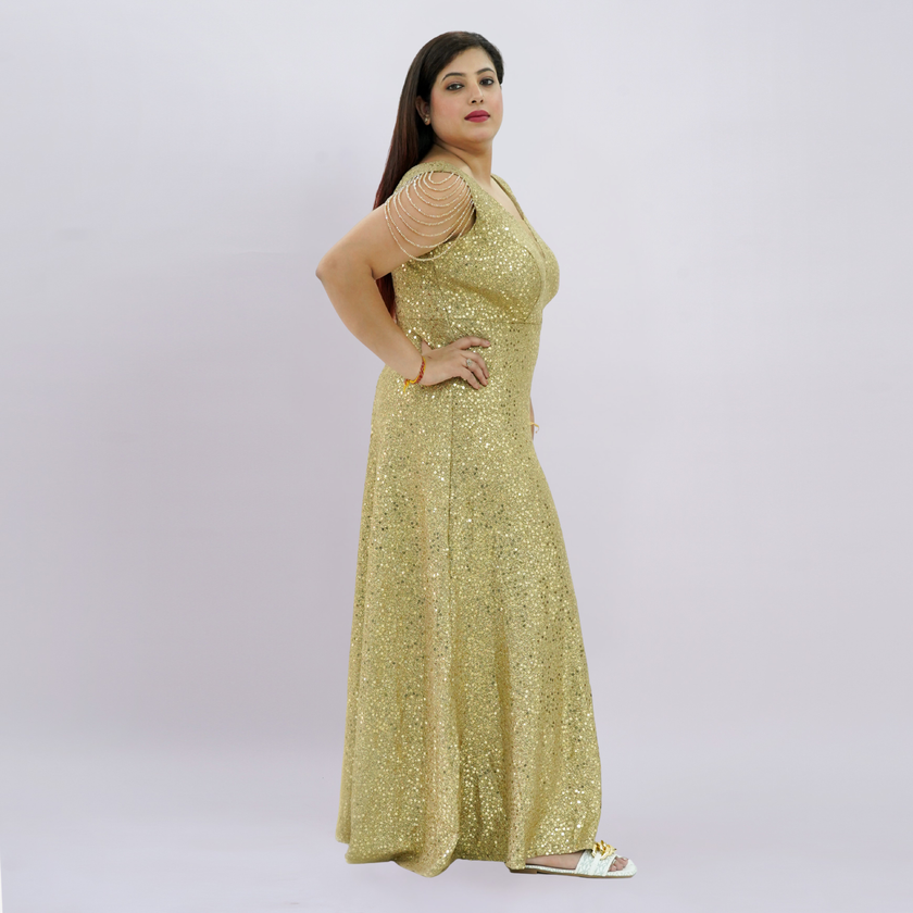 V-Neck All-Over Sequin Gown with Beaded Drape Sleeves