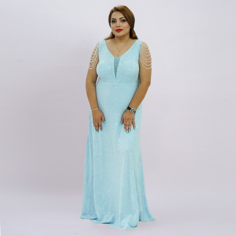 V-Neck All-Over Sequin Gown with Beaded Drape Sleeves