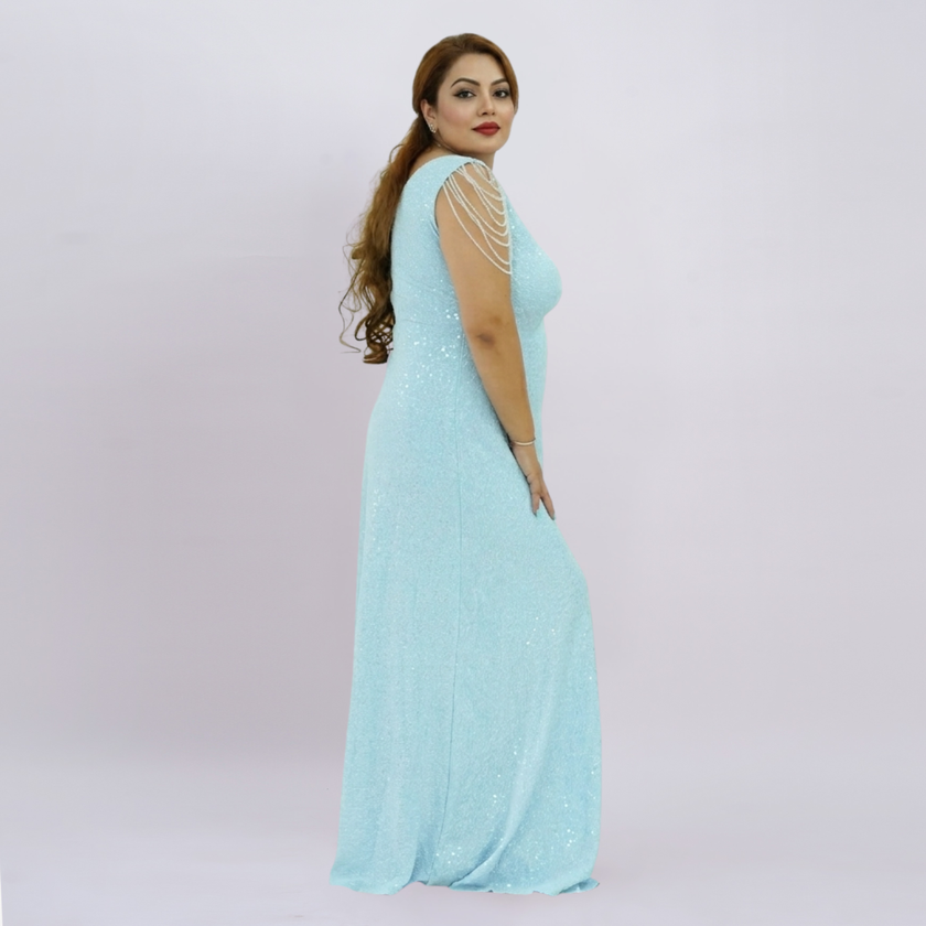V-Neck All-Over Sequin Gown with Beaded Drape Sleeves