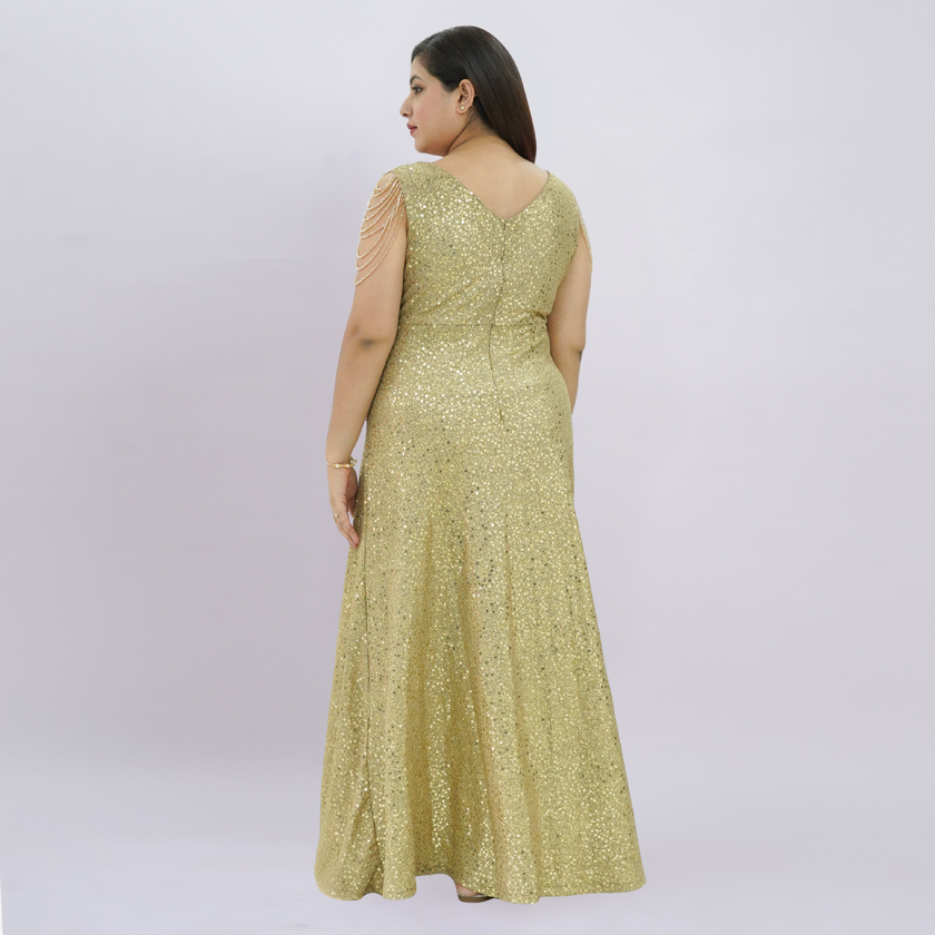 V-Neck All-Over Sequin Gown with Beaded Drape Sleeves
