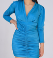 Azure Ruched Long-Sleeve Bodycon Mini Dress