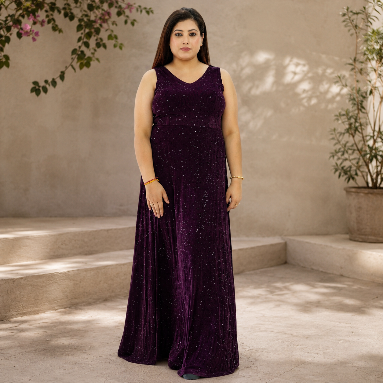 V-neck Velvet-effect Sparkle Maxi Dress